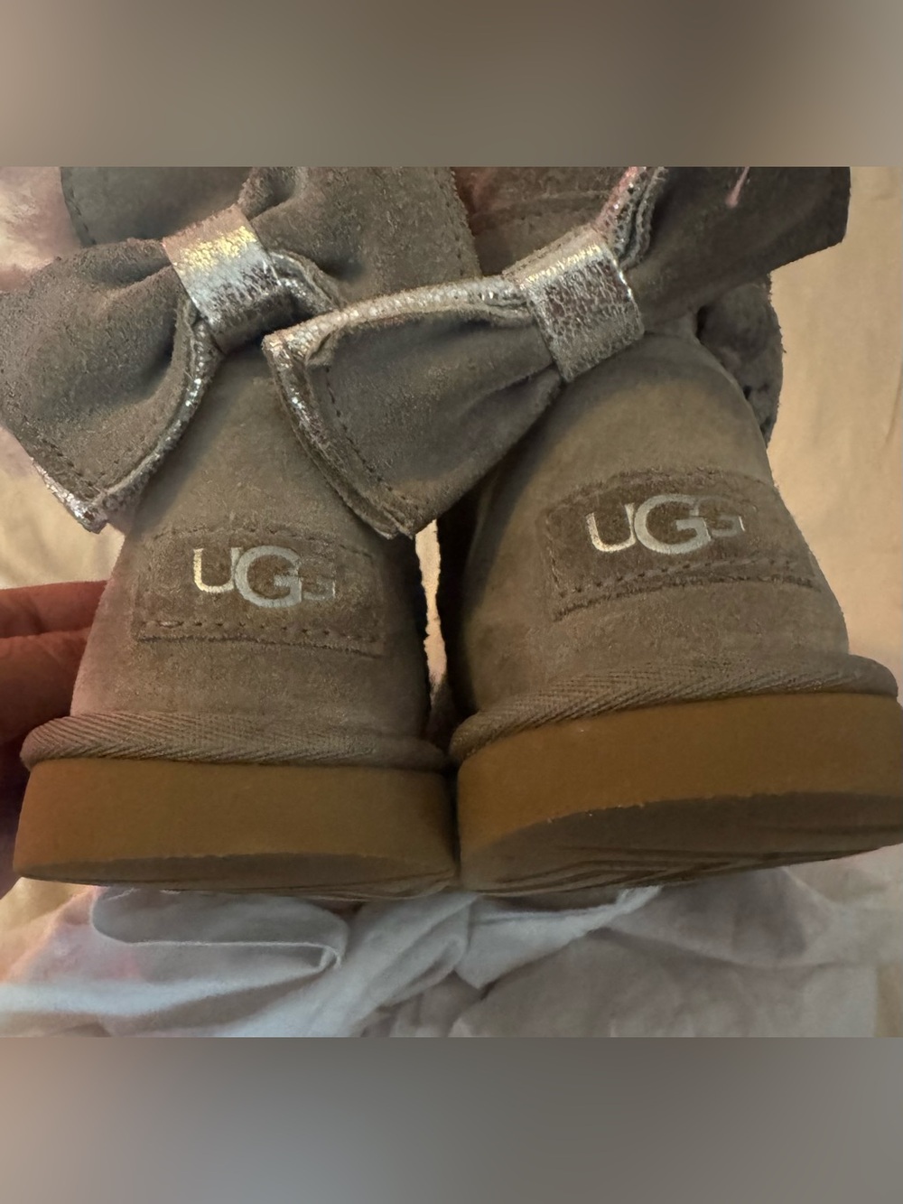 UGG Kids Grey Suede Bow Back Boots with bling studs